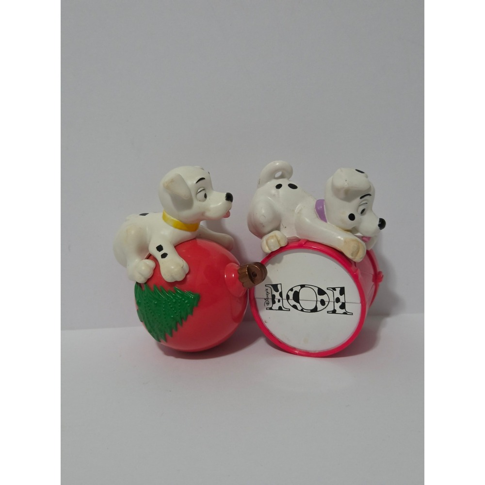 Vintage Disney 101 Dalmatians Puppy Figurines Set Ornament and Drum 2pc